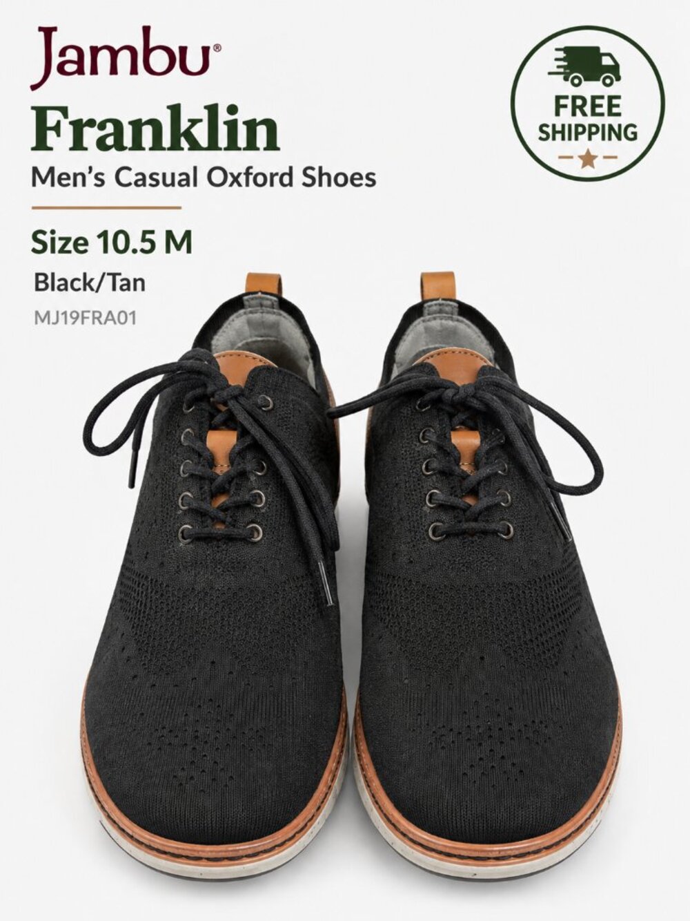 Jambu Franklin MJ19FRA01 Men's 10.5M Black Tan Knit Leather Oxford Shoes